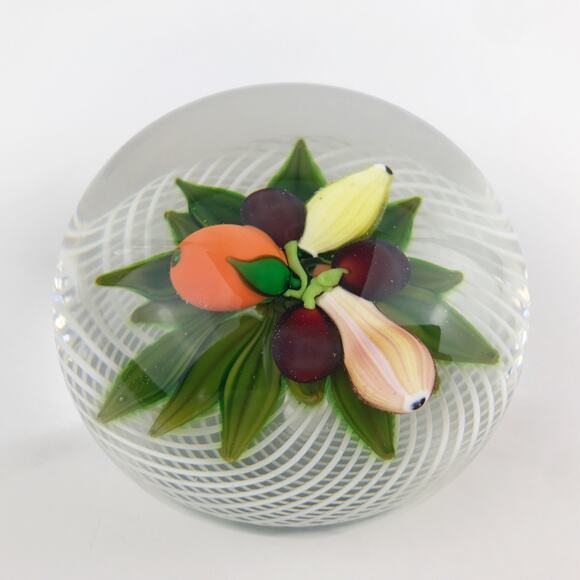 Perthshire 1980D Fruit 3D Pear Orange Lemon Plums Latticinio Paperweight Cert - Picture 3 of 16